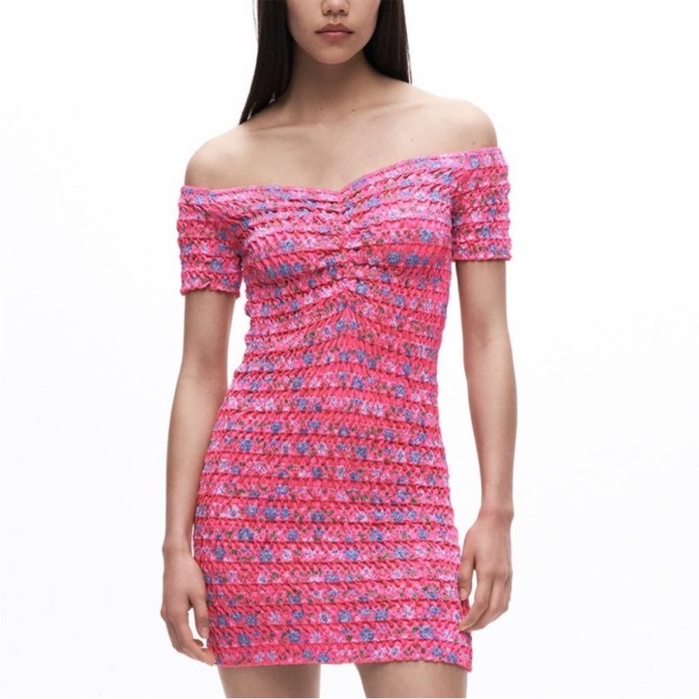 NWT Zara Floral Smocked Off Shoulder Mini Dress